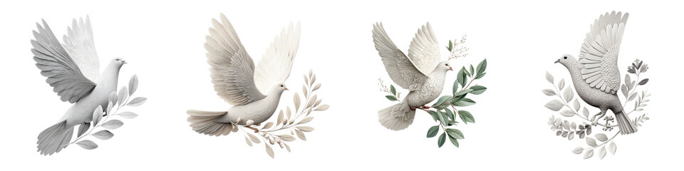 Obraz premium Graceful, serene doves in various elegant poses, adorned with lush leaves and blossoms, showcasing peaceful elegance for nature-themed designs or home decor applications.