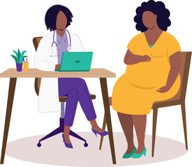 Plus Size Black Pregnant Woman Seeing A Female Doctor. Dietitian. Appointment.