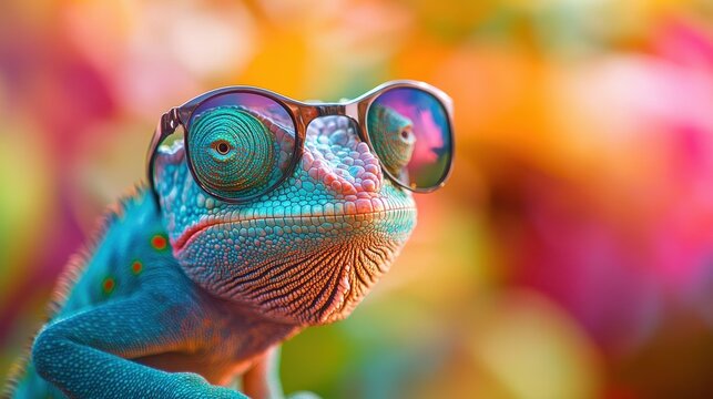 Colorful chameleon wearing sunglasses with vibrant background