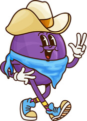 Cartoon groovy plum fruit cowboy, sheriff, ranger and bandit character. Vector robber y2k retro personage. Wild west hero, Western healthy food in ten gallon hat and bandana striking a confident pose