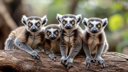 Obraz premium Group of curious ring-tailed lemurs perched on a tree in natural habitat