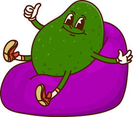 Cartoon groovy avocado character lounging on a purple bean bag. Isolated vector friendly fruit personage wears sneakers giving relaxed and cool vibe with laid back pose, embodies chill and positivity