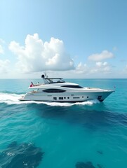 Luxury motor yacht sailing out on tropcial sea