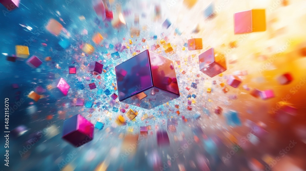 Poster colorful cubes burst forth in dynamic, abstract motion blur and soft lighting. use this vibrant imag