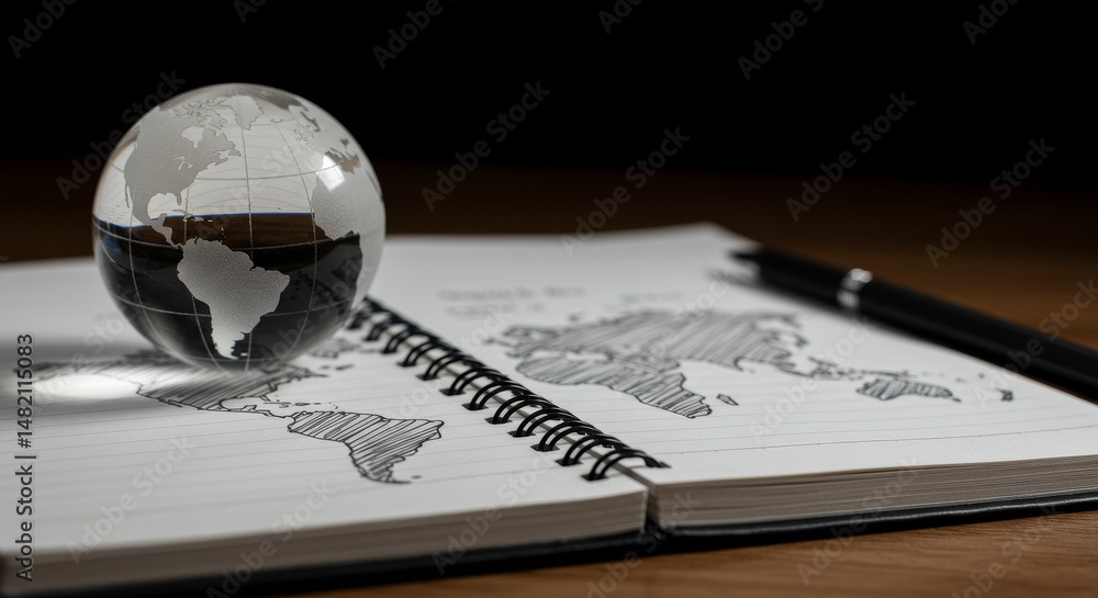 Poster photo of globe on notebook with world map