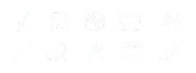 Fantasy game assets line art icons set medieval treasure sword bow arrow on transparent background