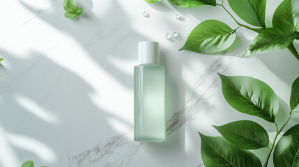 transparent cosmetic skin care product mockup isolated on marble texture background black veins  with green leaves and sunlight 