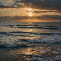 The orange light of the sunset painted the sea and beach as the sun dipped below the horizon, a classic summer evening scene
