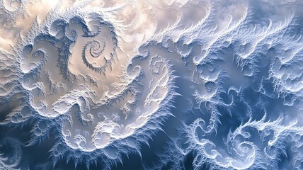 Abstract fractal cloudscape in blue and white with spiraling patterns creates dramatic effect