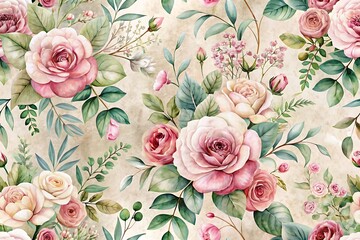 Floral pattern with pink roses and green leaves