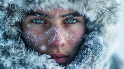 Intense gaze of young caucasian adult male in winter snow with fur hood