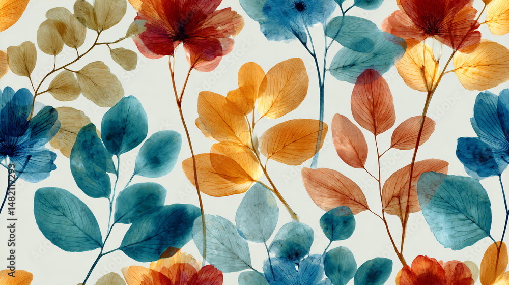 Poster seamless pattern with abstract floral elements in warm watercolor style. botanical backdrop with lea