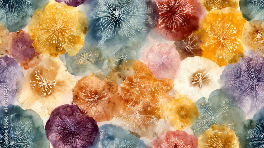 Poster seamless pattern with abstract floral elements in warm watercolor style. botanical backdrop with lea