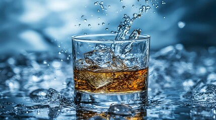 Whiskey glass with ice and splash