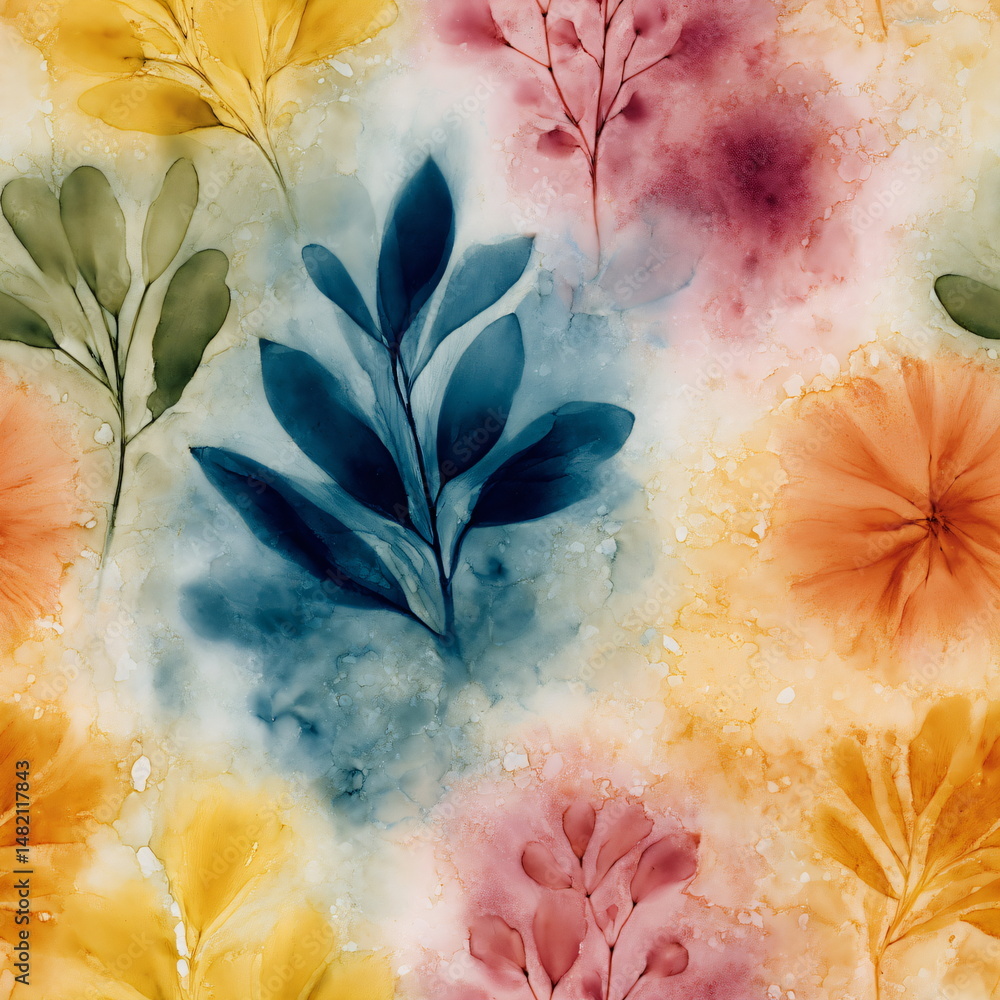 Poster seamless pattern with abstract floral elements in warm watercolor style. botanical backdrop with lea
