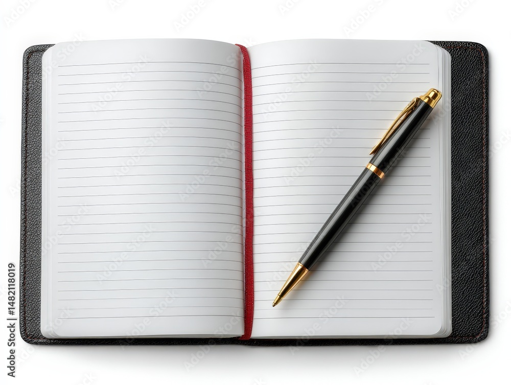 Poster open notebook with blank pages and a pen resting on it.