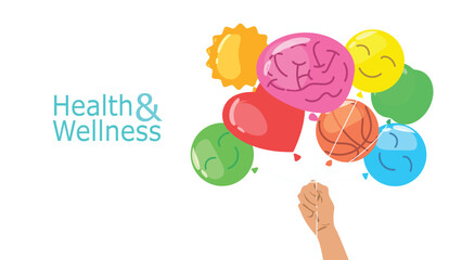 Hands holding up balloons with the shape of positivity, Health, wellness and mental being illustration.