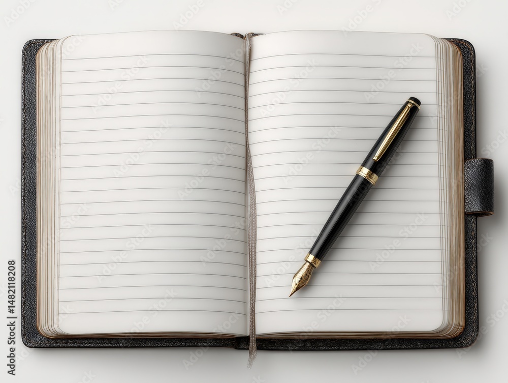 Poster open notebook with blank pages and a pen resting on top.