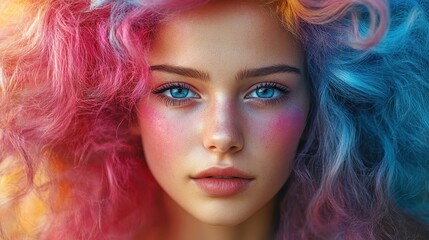 Naklejka premium Young caucasian female with vibrant multicolored hair and intense blue eyes