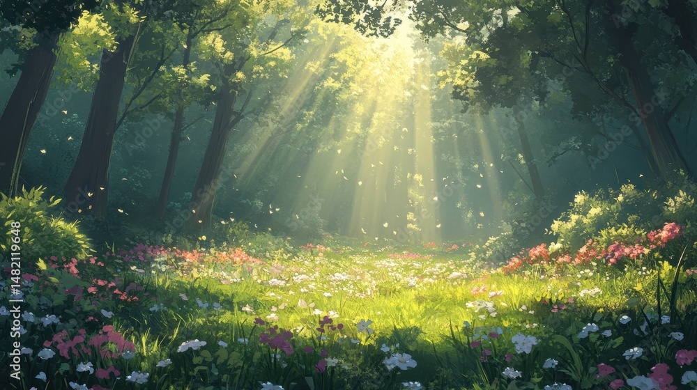 Poster sunlight streams through forest trees, illuminating wildflowers below. use this image for magical, f