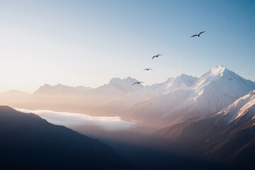 Fototapeta premium Majestic Mountains and Soaring Birds at Sunrise