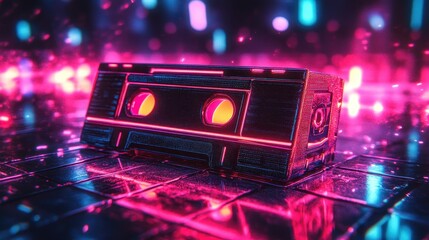 Neon glow retro cassette in futuristic cyberpunk scene