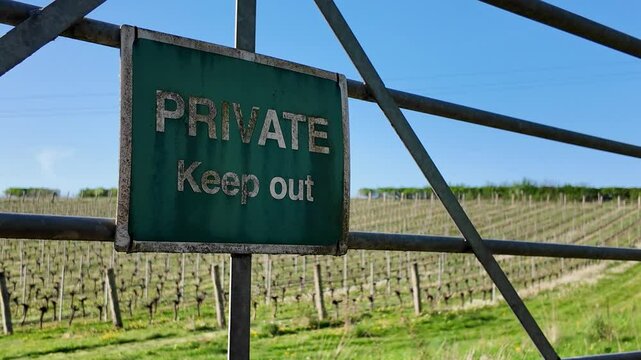 Leckford Hampshire England UK. 09. 05. 2025, Video. Field of vines at Leckford  with a Private Keep Out sign in the Test Valley region of Hampshire southern England.