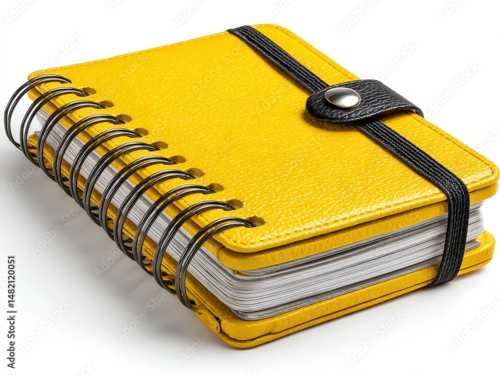 Poster yellow notebook with spiral binding and a strap closure.