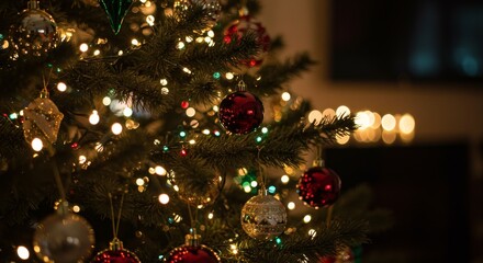 Photo of Illuminated Christmas Tree with Ornaments and Lights