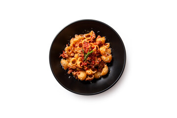 Pasta con ragù di salsiccia di maiale, cibo italiano 