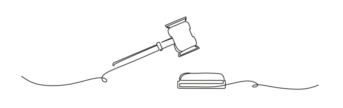 single line art of hammer and stand icon for court proceedings. international day of justice. vector illustration