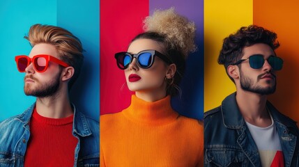 Trio with sunglasses against colorful backgrounds featuring young adults