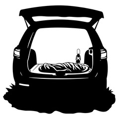Silhouette of sleeping bag and lantern in open trunk, adventure concept