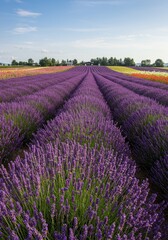 Naklejka premium Photo of Lavender Field Rows Under Blue Sky