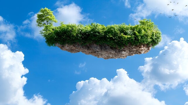 Floating Island with Greenery Against a Blue Sky