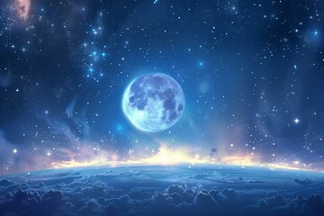 Obraz premium Dark blue sky background with glowing planet and stars.