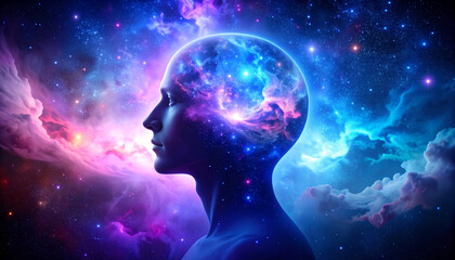 Celestial Mind: Woman's Profile with Galaxy Brain in Space, Conceptual Art