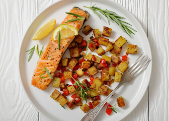 Oven-baked salmon fillet with fried potato, lemon