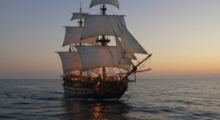 Obraz premium Sailing Ship on Ocean at Sunset