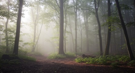 Naklejka premium Photo of Misty Forest Path in Morning Sunlight