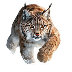 Fototapeta premium Focused lynx stalking prey a beautiful predator in a snowy wilderness on transparent background
