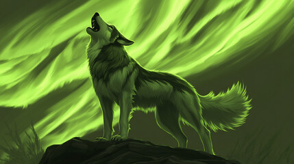Obraz premium Wolf howling at vibrant aurora borealis