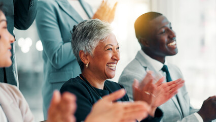 Business people, meeting and clapping hands in celebration, achievement or negotiation success at...