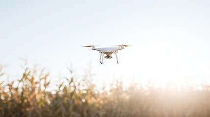 Fototapeta premium Solar powered drone scanning cornfield at sunrise for harvest prediction in modern farming technology