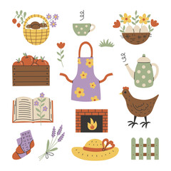 Rustic Countriside Summer Elements Set. Hand drawn collection of Cottagecore and Farm symbols. Harvest Animal Flowers Accessories. Flat vector illustration