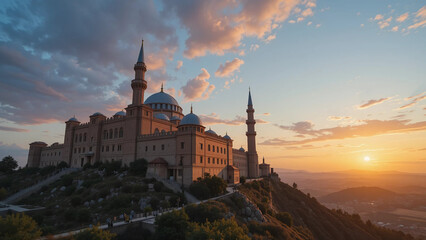 Hilltop Islamic stronghold palace with golden-hued domes and battlement towers illuminated by a dramatic orange sunset sky