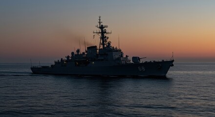 Warship in Ocean at Sunset