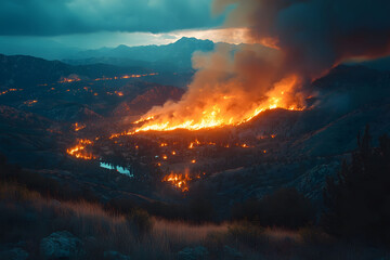 Dramatic Wildfire in Mountainous Landscape Under Stormy Sky