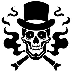 Vintage Skull with Top Hat and Crossed Cigars Black and White Smoke Illustration