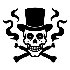 Vintage Skull with Top Hat and Crossed Cigars Black and White Smoke Illustration